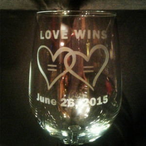 Love Wins Marriage Equality Wine Glass, Handmade Etched Glass