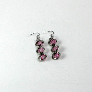 Spiral Weave Dangle Chainmaille Earrings with Pink Crackled Beads