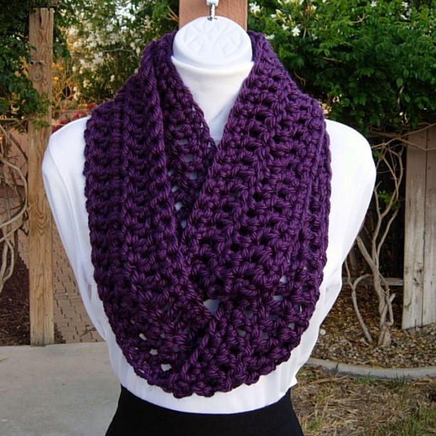 INFINITY LOOP SCARF  Vibrant Dark Solid Purple, Extra Soft Thick Crochet Knit Winter Circle Eternity Ring Cowl..Ready to Ship in 3 Days