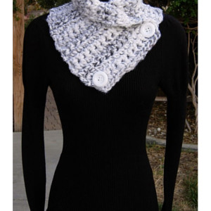 Large NECK WARMER SCARF Buttoned Cowl White Black Gray Grey Striped, Soft Wool Blend, White Buttons, Thick Winter Crochet Knit Ready to Ship in 3 Days