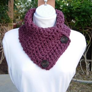 NECK WARMER SCARF, Buttoned Cowl, Fig Purple, Solid Plum Soft Wool Acrylic Blend, Wood Buttons, Crochet Knit Winter..Ready to Ship in 3 Days