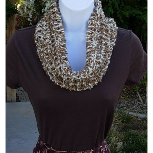 SUMMER COWL SCARF, Caramel Tan Brown & Off White, Small Short Infinity Loop Crochet Knit Soft Lightweight Neck Warmer..Ready to Ship in 3 Days