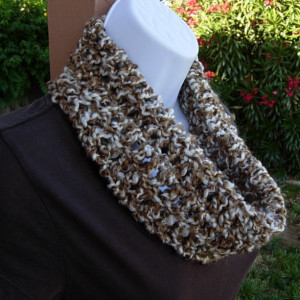 SUMMER COWL SCARF, Caramel Tan Brown & Off White, Small Short Infinity Loop Crochet Knit Soft Lightweight Neck Warmer..Ready to Ship in 3 Days