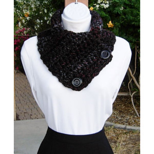 NECK WARMER SCARF, Chunky Crochet Cowl, Thick Buttoned Cowl, Black Red Light Gray Grey Striped Wool Blend, Buttons..Ready to Ship in 3 Days