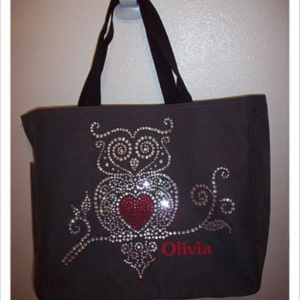 Personalized Rhinestone Owl Tote Bag with Pockets