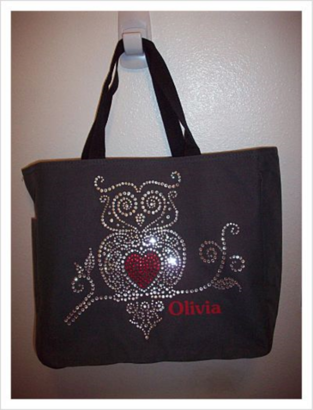 Personalized Rhinestone Owl Tote Bag with Pockets