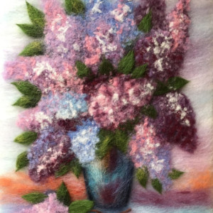 Wool Painting "Birds on branches of lilacs"