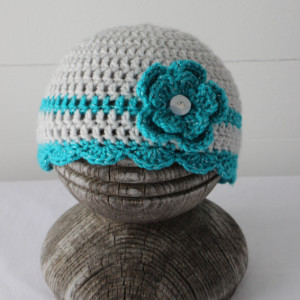 0-3 month Baby Girl Crochet Hat Beanie Gray and Turquoise