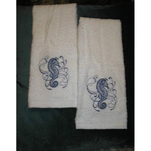 PAIR hand towels - intricate ink seahorse -  15 x 25 inch for kitchen / bathroom MORE COLORS affordable accents
