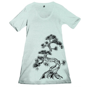 Ash Grey Seafoam Japanese Pine Tree Screen Printed Crewneck T-Shirt Dress, Bonsai, Sumi-e, Botanical, Last One, Made in USA - Size S