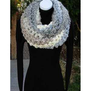INFINITY SCARF Loop Cowl Light Grey Gray Cream White Tan Blue Large Thick Bulky Chunky Winter Handmade Crochet Knit..Ready to Ship in 3 Days
