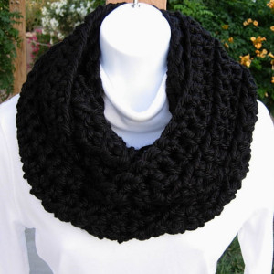 INFINITY SCARF Loop Cowl Solid Black 100%  Extra Soft Bulky Acrylic Handmade Thick Crochet Knit Winter Circle Wrap., eady to Ship in 3 Days