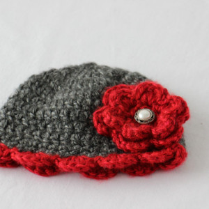 Preemie Baby Girl Crochet Beanie Hat Cap Gray & Red