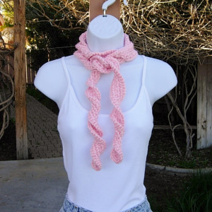 Women's Solid Light Peach Pink Skinny SUMMER SCARF Small Soft Acrylic Narrow Lightweight Twisted Crochet Knit Necklace, Ships in 2 Biz Days