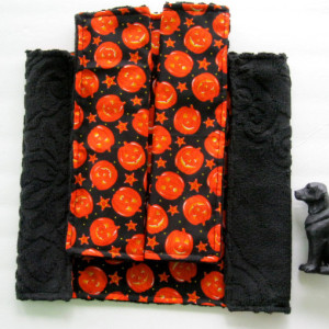 Halloween handmade reversible placemats: set of 2; pumpkin print and black terry table linens