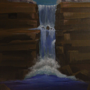 Destination Point-acrylic painting of waterfall splashing down on rocks into a lake