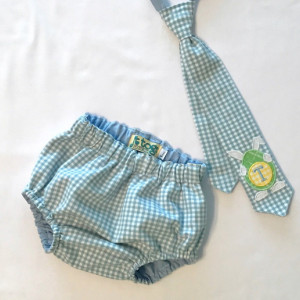 Soft Blue Gingham Tie and Diaper Cover Set with Bunny Applique and Monogram Initial on Tie.