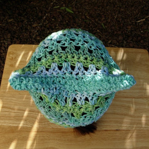 Earth Day, Women's March for Science Pussy Cat Hat, Sea Green, Light Blue & White PussyHat Summer 100% Cotton Lightweight Crochet Knit, Ready to Ship in 3 Days