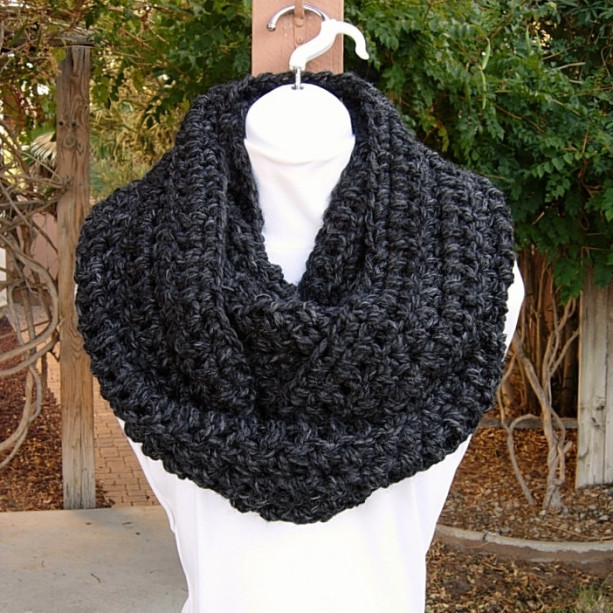 Large Wide INFINITY SCARF Cowl Loop, Charcoal Dark Gray with Black, Bulky Chunky Soft Wool Blend Crochet Knit Winter Circle Big Wrap