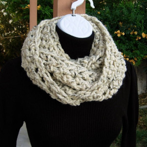 Extra Long INFINITY SCARF, Oatmeal Beige Light Brown Tweed, Narrow Skinny Winter Loop Thick Soft Crochet Knit Wool Blend..Ready to Ship in 3 Days