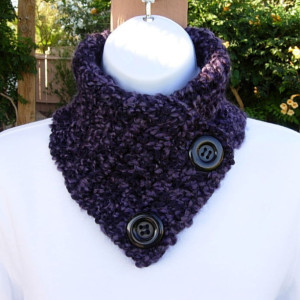 NECK WARMER SCARF Buttoned Cowl Dark Purple Black Soft Handmade Crochet Knit Winter Scarflette with Black Buttons..Ready to Ship in 3 Days