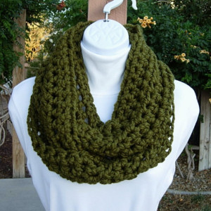 COWL SCARF Infinity Loop, Dark Solid Olive Military Green, Thick Soft Wool Blend Crochet Knit Winter Endless Circle..Ready to Ship in 3 Days