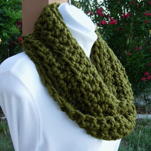 COWL SCARF Infinity Loop, Dark Solid Olive Military Green, Thick Soft Wool Blend Crochet Knit Winter Endless Circle..Ready to Ship in 3 Days