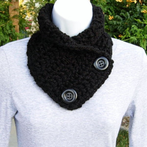Women's or Men's Solid Black NECK WARMER SCARF Basic Black with Black Buttons, Extra Soft 100% Acrylic Crochet Knit Buttoned Cowl Scarflette, Ready to Ship in 3 Days