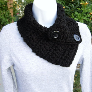 Women's or Men's Solid Black NECK WARMER SCARF Basic Black with Black Buttons, Extra Soft 100% Acrylic Crochet Knit Buttoned Cowl Scarflette, Ready to Ship in 3 Days