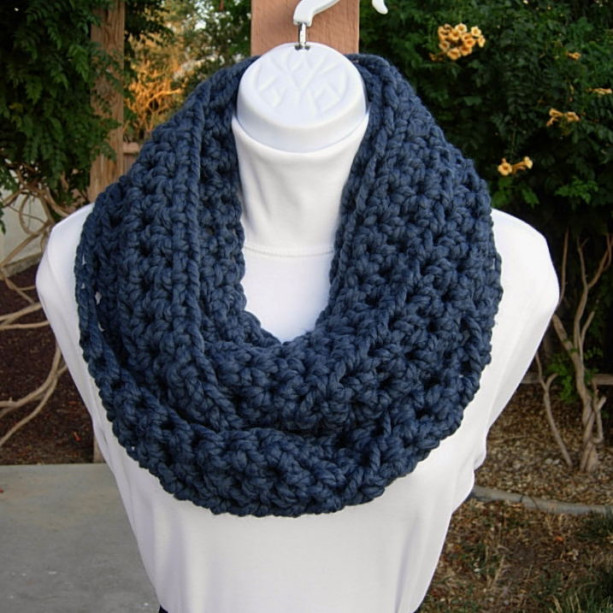INFINITY SCARF Loop Cowl, Solid Medium Denim Blue, Warm Soft Wool Blend, Crochet Knit Winter Circle Endless Wrap..Ready to Ship in 3 Days