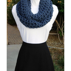 INFINITY SCARF Loop Cowl, Solid Medium Denim Blue, Warm Soft Wool Blend, Crochet Knit Winter Circle Endless Wrap..Ready to Ship in 3 Days