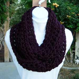 COWL SCARF Infinity Loop Solid Dark Eggplant Purple, Thick, Soft Wool Blend Crochet Knit Winter Circle, Neck Warmer..Ready to Ship in 3 Days