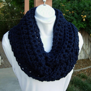 COWL SCARF Infinity Loop, Navy Dark Solid Blue, Wool Acrylic Blend Crochet Knit Winter Endless Circle, Neck Warmer..Ready to Ship in 3 Days