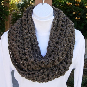 INFINITY SCARF Loop Cowl Taupe Gray Grey Brown Tweed Soft Wool Blend Handmade Crochet Knit Winter Endless Circle, Ready to Ship in 2 Days