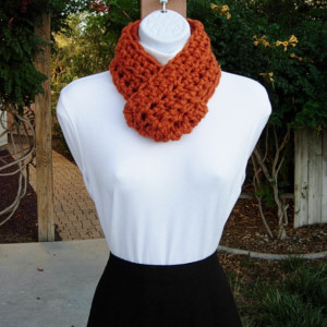 Small INFINITY SCARF, Skinny Loop Scarf, Short Winter Cowl, Solid Orange Soft Wool Blend Crochet Circle Neck Warmer..Ready to Ship in 2 Days