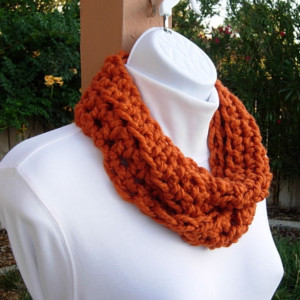 Small INFINITY SCARF, Skinny Loop Scarf, Short Winter Cowl, Solid Orange Soft Wool Blend Crochet Circle Neck Warmer..Ready to Ship in 2 Days