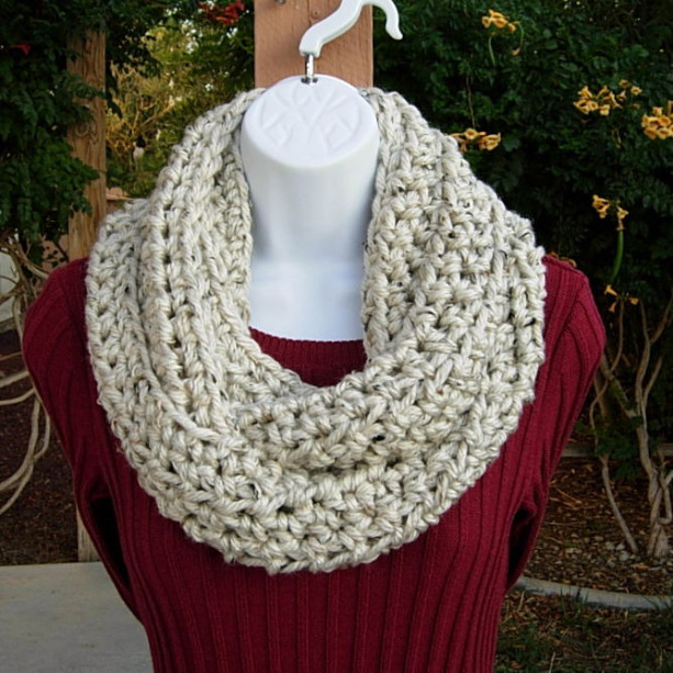 COWL SCARF Infinity Loop, Off White Ivory Tweed with Tan and Black, Soft Bulky Crochet Knit Winter Circle, Neck Warmer..Ready to Ship in 3 Days
