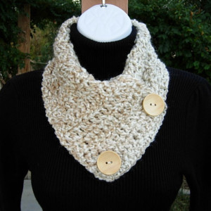 NECK WARMER SCARF, Handmade Buttoned Cowl, Off White Cream Beige Light Gray, Soft Acrylic, Crochet Knit Winter Scarflette, Natural Wood Buttons..Ready to Ship in 2 Days