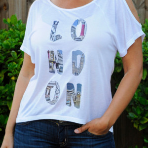 Handmade printed tee, t-shirt, top London photo word with cold shoulder cutouts and a loose fit