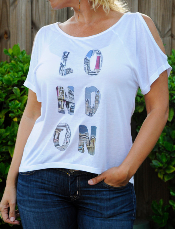 Handmade printed tee, t-shirt, top London photo word with cold shoulder cutouts and a loose fit