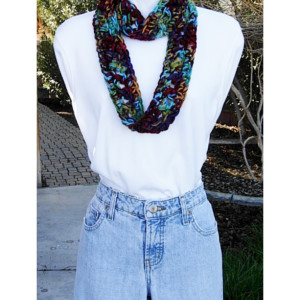 Small Colorful SUMMER SCARF Infinity Loop Cowl, Red Purple Blue Gold Green Crochet Necklace, Women's, Skinny Knit Cowl, Ready to Ship in 2 Days