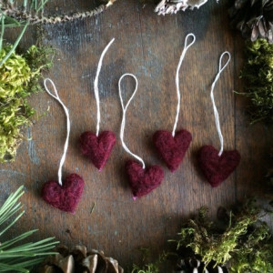 Felted wool heart ornaments, set of 5, Garnet Red, Valentine ornaments for mini seasonal trees, Galentine's Day gift, dark red heart decor