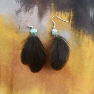 Black Feather Earrings with Green Accent Stone Earrings 