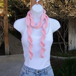 Women's Solid Light Peach Pink Skinny SUMMER SCARF Small Soft Acrylic Narrow Lightweight Twisted Crochet Knit Necklace, Ships in 2 Biz Days