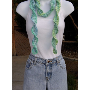 Blue and Green Skinny SUMMER SCARF Small 100% Cotton Spiral Crochet Knit Narrow Lightweight Twisted Scarf, Ready to Ship in 3 Days