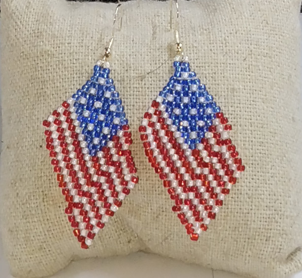 Beaded American Flag Earrings, Stars and Stripes, Patriotic Red White Blue Dangle Earrings, Hand Made in USA