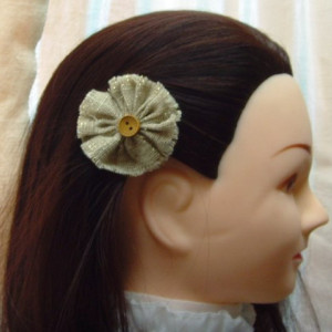 Natural Glitter Burlap Flower Hair Clip w/Button accents - Rustic Country Shabby chick for Women