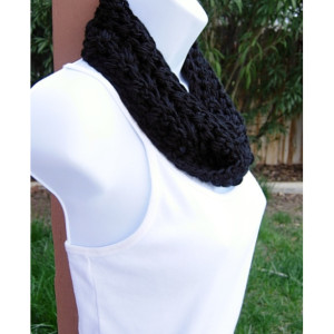 Women's Solid Black SUMMER SCARF Small Infinity Loop Soft Lightweight Crochet Knit Endless Circle Short Skinny Cowl, Ready to Ship in 3 days