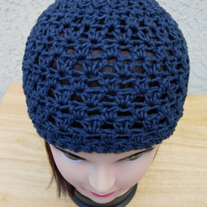 Dark Solid Navy Denim Blue Summer Beanie Hat, Soft 100% Cotton Lacy Skull Cap, Women's Men's Crochet Knit Chemo Cap, Ready to Ship in 3 Days 