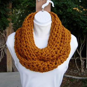 INFINITY SCARF Cowl Loop, Butterscotch Solid Dark Yellow Orange Gold, Soft Wool, Handmade Crochet Knit Circle Wrap..Ready to Ship in 3 Days